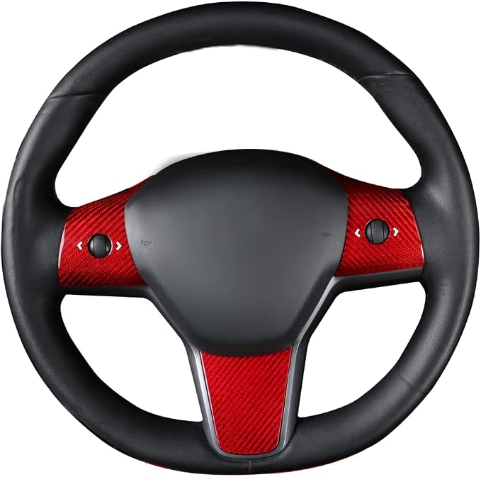 JSWAN Real Carbon Fiber Steering Wheel Panel Cover for Tesla Model 3 2017 to 2023 Model Y 2020 to 2024 Steering Wheel Button Frame Cover Accessories (Red Cover)