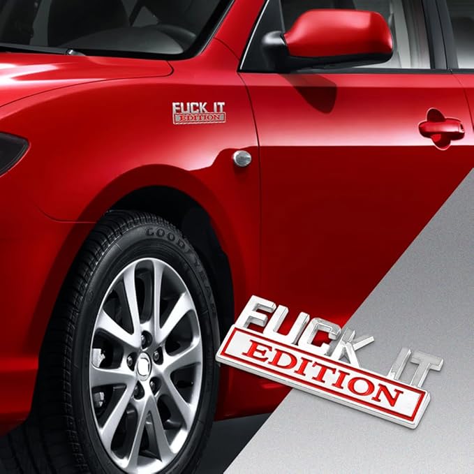 Fuck IT Edition Emblem, Car Exterior Emblems Badge 3D Sticker Decal, Fuck-IT Edition Emblem 3D Fender Badge Decal, 3D Fender Badge Decal Car Truck Replacement, Fit for All Cars (Sliver Red 1)