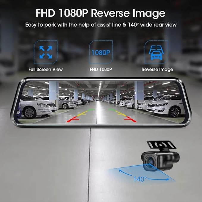 10'' Mirror Dash Cam Night Vision 1080P FHD Full Touch Screen Front and Rear View Backup Camera for Cars Loop Recording Streaming Media 170°Wide Angle Parking Assistance 6M Cable