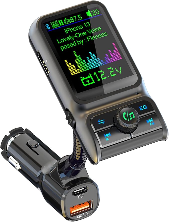 Wireless in-Car Bluetooth FM Transmitter Radio Adapter Car Kit, 1.8 Inch Display Supports TF/SD Card EQ and QC3.0 & 5V/2.4A Charging Hands-Free Calls