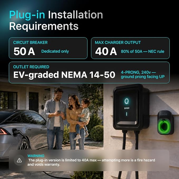EVIQO Level 2 EV Charger, 40 Amp 240V, J1772 for Non-Tesla EVs, 25ft Cable, WiFi (2.4GHz) Smart App, Weatherproof Indoor/Outdoor (IP66, NEMA 4), UL & ETL Certified, NEMA 14-50 Plug-in, 9.6kW
