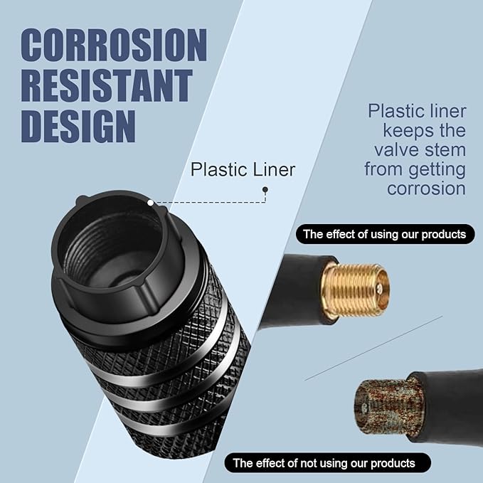 Tire Valve Stem Cap Cover - (5 Pack) Tire Air Cap Metal with Plastic Liner Corrosion Resistant Leak-Proof Rock and Roll for Car Truck Motorcycle Bike Black