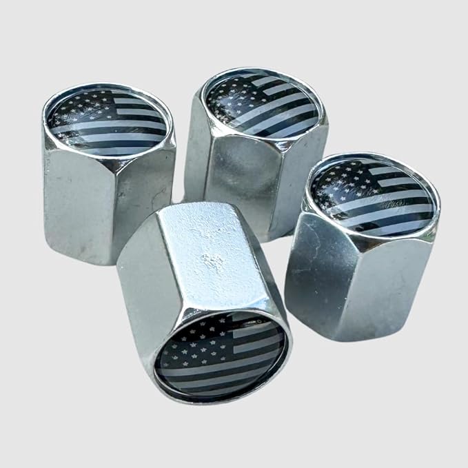 TACTILIAN American Flag Chrome Valve Stem Caps 4 Pack | Leakproof Aluminum Tire Valve Caps with Rubber O-Ring, Universal Fit for Cars, Trucks, SUVs | Silver Tire Valve Caps Chrome Valve Stem Covers