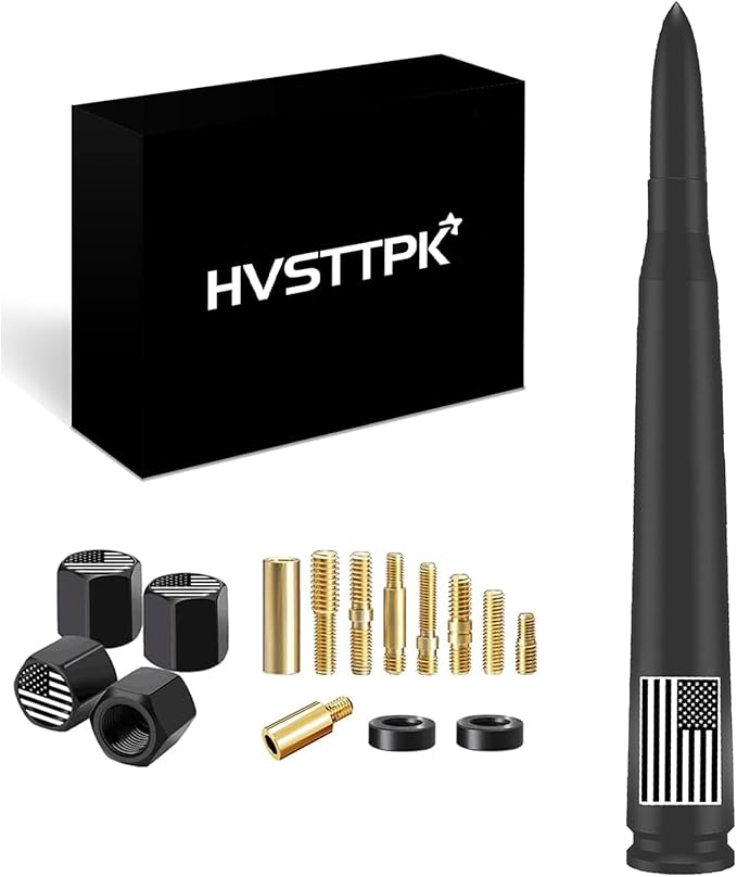 Truck Car Bullet Antenna with Valve Stem Caps for GM Chevy Silverado 1500 2500 3500 HD Avalanche Ford F Series F150 F250 GMC Sierra 1500 2500 3500 Denali Heavy Truck Accessories (Matte Black)- 7inch