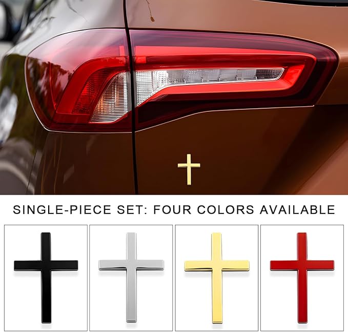 DXNQ Metal Jesus Christ Cross Badge Stickers, 2.5"×1.8" Alloy 3D Individual Car Cross Sticker, Self Adhesive Scratch Covering Cross Emblem Decal for Car Body Fender Tail (Golden)