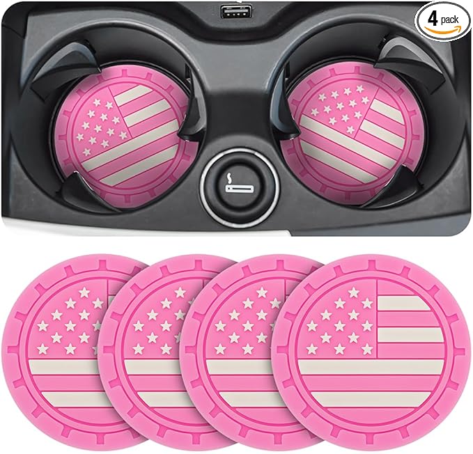Osilly Car Cup Holder Coasters, 4 Pack American Flag Insert Car Cup Coaster, 2.75 Inch PVC Anti Slip Shockproof Embedded Drink Mat, Car Interior Decoration Accessories for SUV, Truck (Pink)