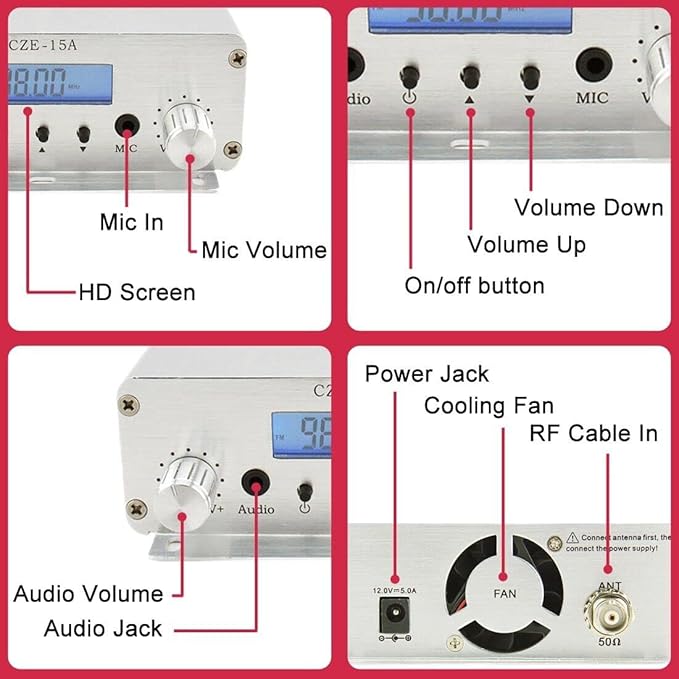 15W FM Transmitter, Long Range FM Broadcast Transmitter for Churches, Cars, Shopping Malls, Lecture Halls, Private Radio Stations with 3.5mm Mic Jack (15W)
