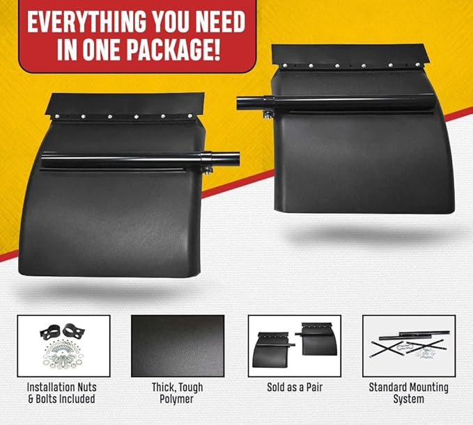 Mytee Products (4 Pack/8 Pcs) Black Poly Quarter Fender for Semi Truck Set 24"x24" - Standard Mounting Tube Bracket Kit Included - Semi Truck Accessories for Kenworth Freightliner Peterbilt