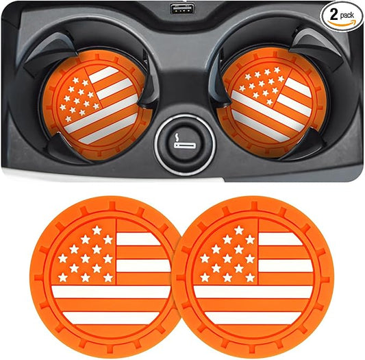AUCELI 2 Pack Car Cup Holder Coasters, Colored American Flag US Flag Insert Car Cup Coaster, 2.75 Inch Anti Slip Shockproof Embedded Drink Mat, Vehicle Interior Decor Accessories