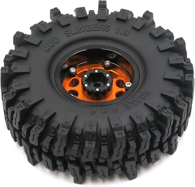 HOBBYSOUL RC Soft Sticky 1.9 Mud Slingers Tires 120mm & 1.9 Beadlock Wheels Orange Black Rims, 1.9 Crawler Tires and Wheels for 1/10 rc Crawler Traxxas TRX4 Axial SCX10 Gen8, (4-Pack)
