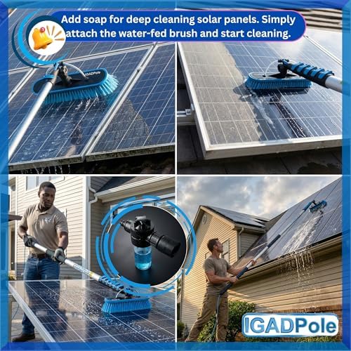 IGADPole 28 FT Water-Fed Washing Kit with Soap-Dispenser, Brush, 10″ Squeegee & Cobweb Duster for Windows, Gutters, Solar Panels & Exterior Walls
