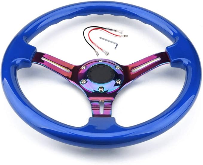 6 Bolts Car Racing Steering Whee 13.5" Universal Car and Simulation Pc Game Classic Sport Blue Steering Wheel with Neo Chrome Spoke and Horn Button