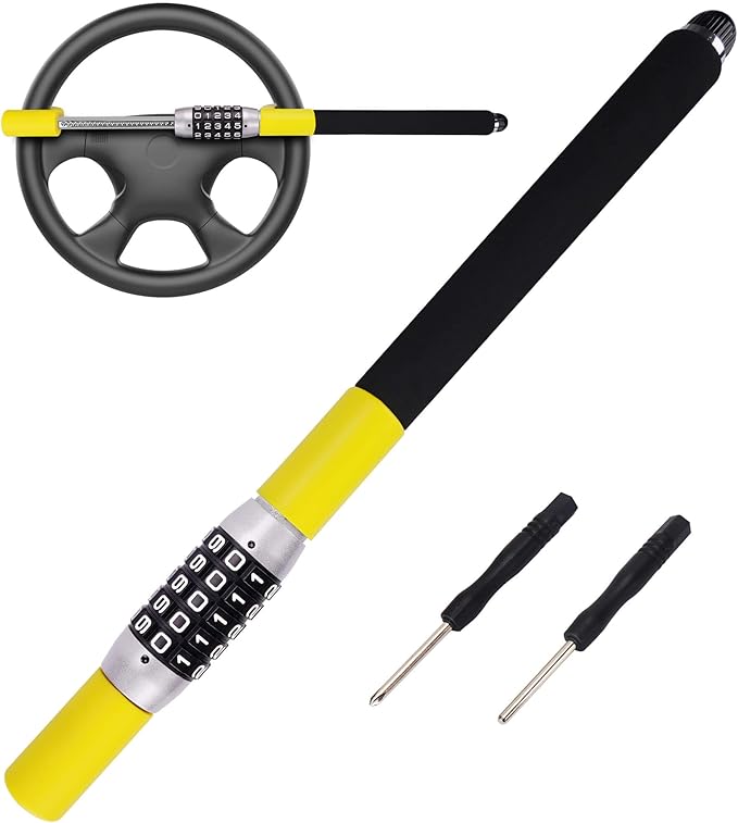 Tevlaphee Steering Wheel Lock, Car Lock Anti Theft Keyless Extendable Retractable Password 5 Coded Combination Lock, Heavy Duty Universal Fit (Yellow)
