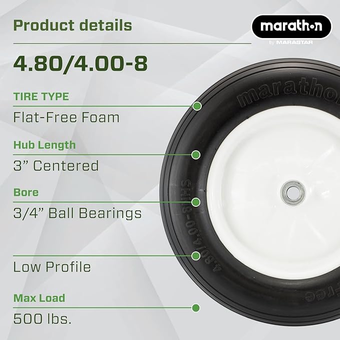 Marathon 4.80/4.00-8" Flat Free Tire on Wheel, 3" Hub, 3/4" Bearings, Ribbed Tread