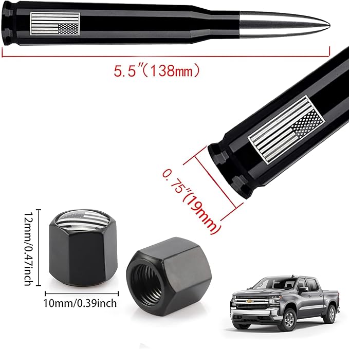 American Flag Car Truck Bullet Antenna with Valve Stem Caps, Universal Mast for GM Chevy Silverado 1500 2500 3500 HD Avalanche Ford F150 F250 F350 Denali Heavy Duty Pickup Trucks Accessories (Silver)