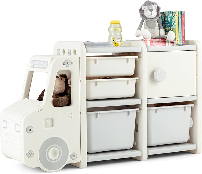 Costzon Toy Storage Organizer, Toy Shelf with with 2 Removable Toy Bins, 2 Pull-Out Drawers, Enclosed Cabinet, Kids Bookshelf, Toy Organizers and Storage for Kids Room, Playroom, Nursery (Beige)