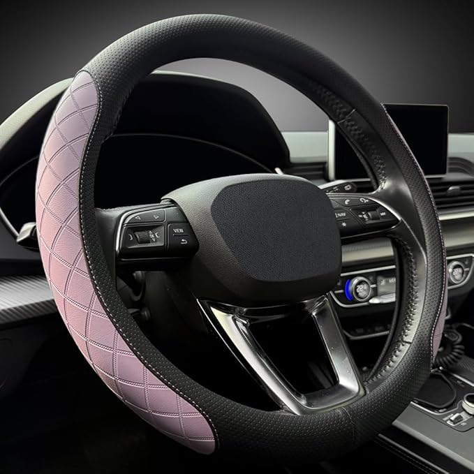 LKWLIKEI Nappa leather steering wheel cover,elegant diamond checkered design, non-slip wear-resistant, enhance driving comfort, suitable for steering wheel diameter 14 1/2‘-15’ models.Black and purple