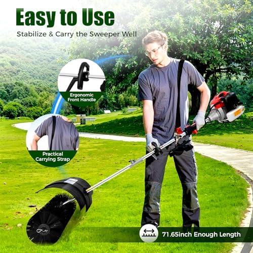 Handheld Walk Behind Gas Powered Lawn Sweeper, 52cc 2.3HP 2-Stroke Engine with 20.47-Inch Brush for Leaves & Debris, Driveway, Sidewalk, Outdoor Hand Held Gas Power Broom & Lawn Clippings Removal Tool