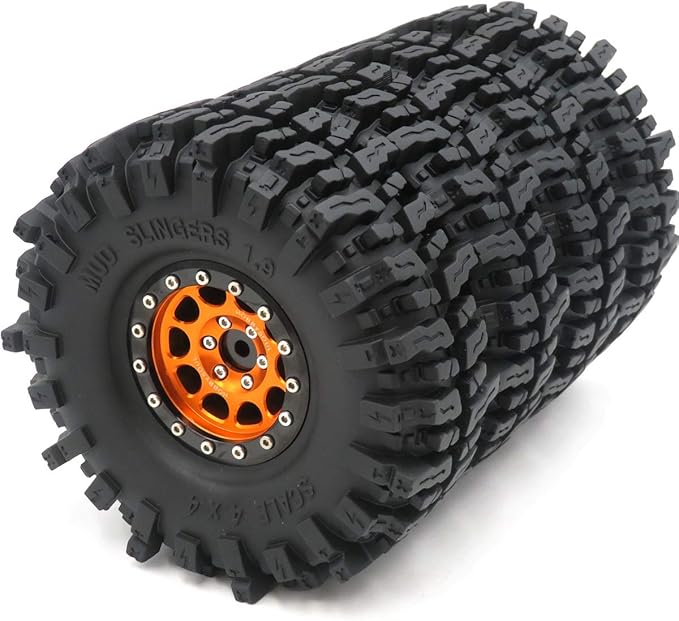 HOBBYSOUL RC Soft Sticky 1.9 Mud Slingers Tires 120mm & 1.9 Beadlock Wheels Orange Black Rims, 1.9 Crawler Tires and Wheels for 1/10 rc Crawler Traxxas TRX4 Axial SCX10 Gen8, (4-Pack)