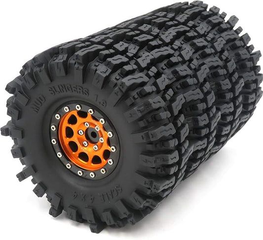 HOBBYSOUL RC Soft Sticky 1.9 Mud Slingers Tires 120mm & 1.9 Beadlock Wheels Orange Black Rims, 1.9 Crawler Tires and Wheels for 1/10 rc Crawler Traxxas TRX4 Axial SCX10 Gen8, (4-Pack)