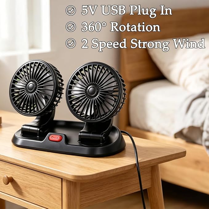 Must-Have Dual Head Car Fan – 360° Rotatable USB Cooling Fan, Powerful Fast Cooling for Car Dashboard, Perfect for SUV, RV, Boat, Home & Office, Instant Beat Summer Heat
