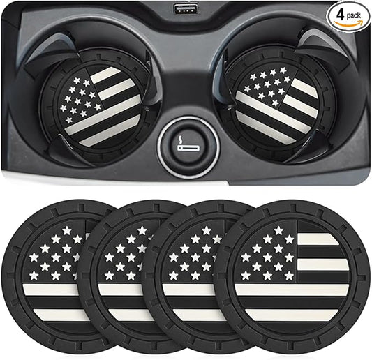 Osilly Car Cup Holder Coasters, 4 Pack American Flag Insert Car Cup Coaster, 2.75 Inch PVC Anti Slip Shockproof Embedded Drink Mat, Car Interior Decoration Accessories for SUV, Truck (Black)