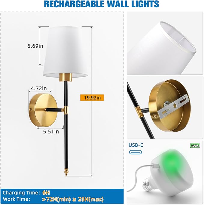 NIORSUN 19.9 inch Battery Operated Wall Sconce Set of 2,Black-Gold Rechargeable Wall Lights with 10400mAh Dimmable Detachable Bulbs and Remote, Wireless Sconces for Bedroom Living Room Hallway
