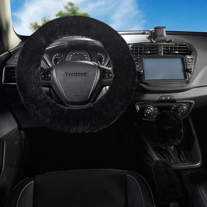 Yontree Fashion Fluffy Steering Wheel Covers for Women/Girls/Ladies Australia Pure Wool 15 Inch 1 Set 3 Pcs (Black)