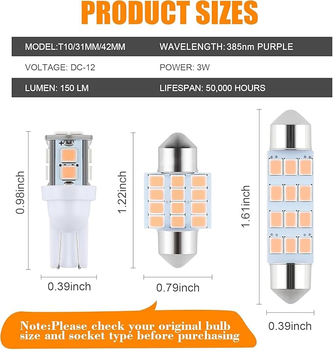 iFunyLED 24 Pieces Dome Light LED Car Interior Bulb Kit Set 194 T10 DE3175 578 31mm 42mm Bulbs Interior Replacement Lights for Car Map License Plate Door Side Marker Cornering Trunk Light - Purple