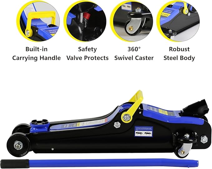 2 Ton Low Profile Floor Jack, Heavy Duty With Single Piston Quick Lift Pump, Steel Car Jack Adjustable Height 3.3"-15.2", Hydraulic Trolley 4000 LBS Capacity, Blue