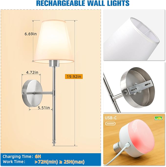 NIORSUN 19.9 inch Battery Operated Wall Sconce Set of 2,Brushed Nickel Rechargeable Wall Lights with 10400mAh Dimmable Detachable Bulbs and Remote,10 Colors Wireless Sconces for Bedroom Living Room