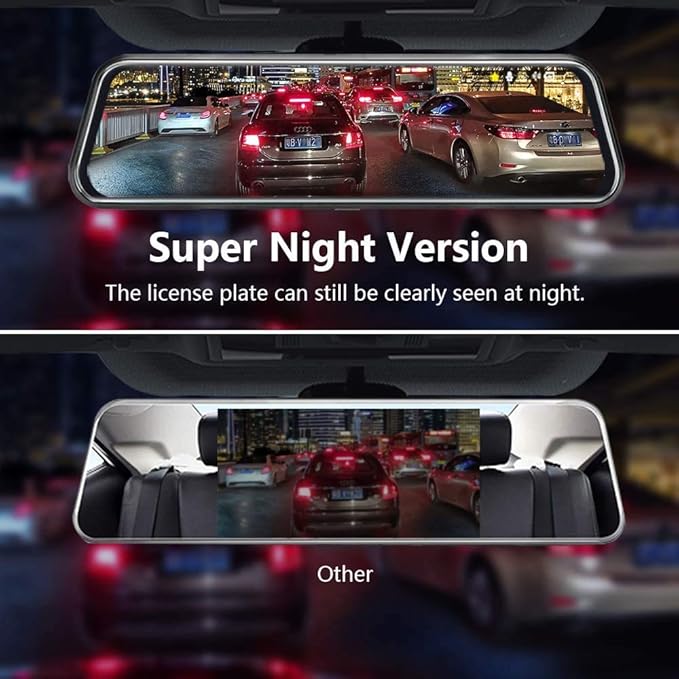 10'' Mirror Dash Cam Night Vision 1080P FHD Full Touch Screen Front and Rear View Backup Camera for Cars Loop Recording Streaming Media 170°Wide Angle Parking Assistance 6M Cable