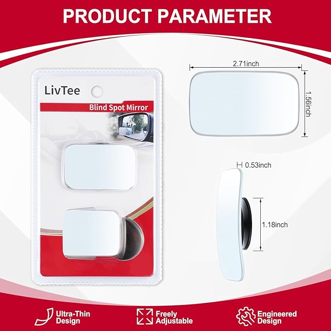 LivTee Blind Spot Mirror, Rectangle Shaped HD Glass Frameless Convex Rear View Mirror with wide angle Adjustable Stick for Cars SUV and Trucks, Pack of 2