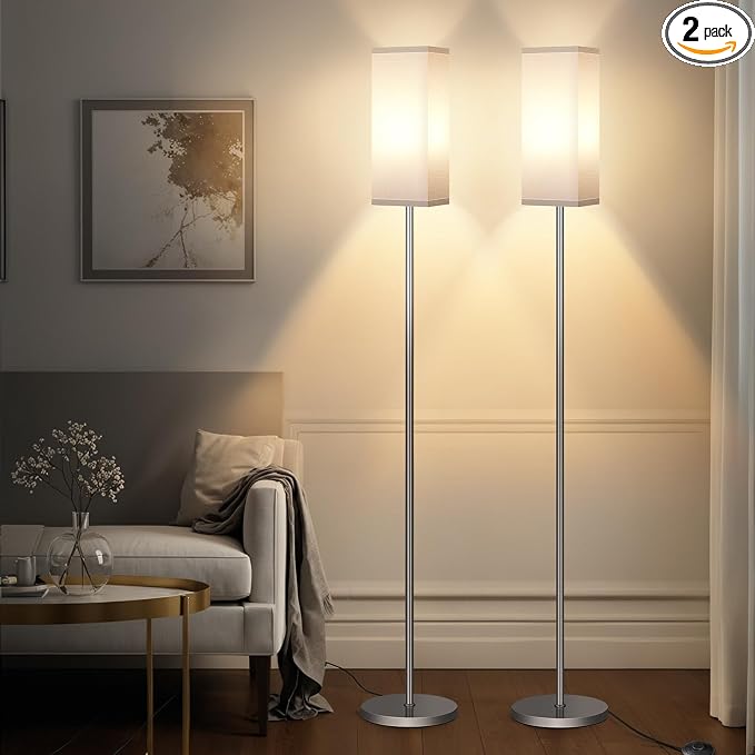 2Pack Floor Lamp, Pole with Foot Switch, Modern Standing Lamp Lamp, Minimalist Freestanding Lamp (Bulb Not Included), for Living Room, Bedroom Office ETL Listed, Silver and White,SCW07LDP205