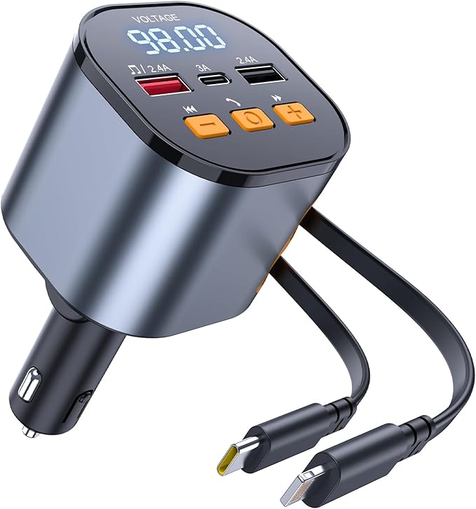 [Upgraded] 81W Retractable PD Car Charger with Bluetooth 5.3, FM Transmitter, Hands-Free Calling, MP3 Player, USB & LED Display – USB-C Bluetooth Adapter for All Phones