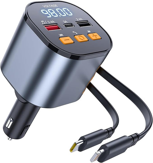 [Upgraded] 81W Retractable PD Car Charger with Bluetooth 5.3, FM Transmitter, Hands-Free Calling, MP3 Player, USB & LED Display – USB-C Bluetooth Adapter for All Phones