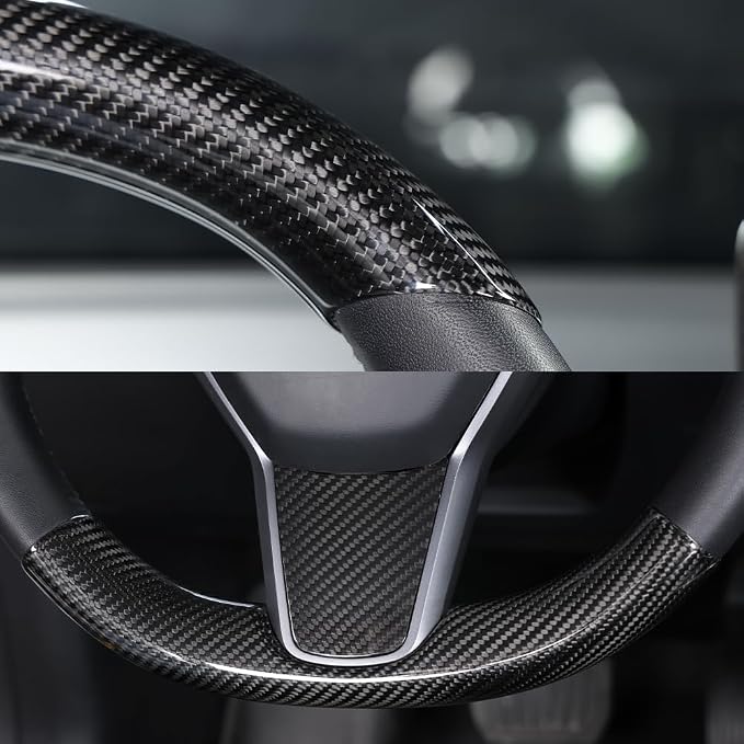 JSWAN Real Carbon Fiber Steering Wheel Cover for Tesla Model 3 2017 to 2023 Model Y 2020 to 2024 Steering Wheel Cover Steering Wheel Wrap Protector Interior Accessories (Bright Black 2Pcs)