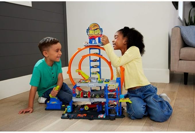 Hot Wheels Toy Car Track Set with Die-Cast Car & Helicopter, 2 Loops, Storage for 36 1:64 Scale Vehicles, Speed Snap Adapters, Mega Loop Garage