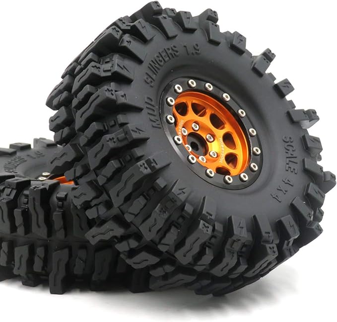 HOBBYSOUL RC Soft Sticky 1.9 Mud Slingers Tires 120mm & 1.9 Beadlock Wheels Orange Black Rims, 1.9 Crawler Tires and Wheels for 1/10 rc Crawler Traxxas TRX4 Axial SCX10 Gen8, (4-Pack)