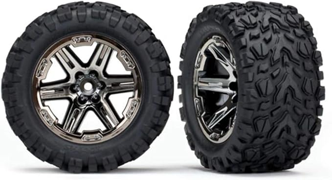 Traxxas 6773X - Rustler 4x4 Tires & Wheels,Unisex Assembled, glued (2.8') (RXT Black Chrome Wheels, Talon Extreme Tires, Foam Inserts) (2) (TSM Rated)