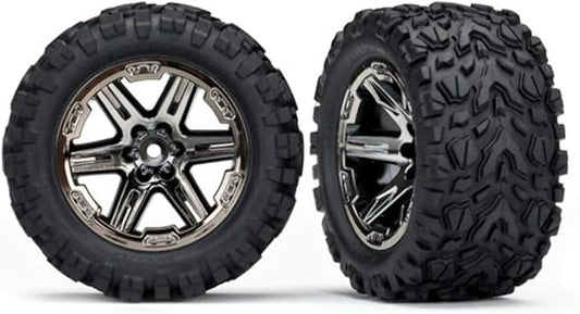 Traxxas 6773X - Rustler 4x4 Tires & Wheels,Unisex Assembled, glued (2.8') (RXT Black Chrome Wheels, Talon Extreme Tires, Foam Inserts) (2) (TSM Rated)