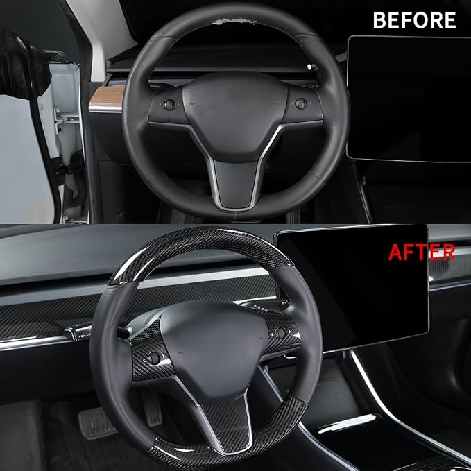 JSWAN Real Carbon Fiber Steering Wheel Cover for Tesla Model 3 2017 to 2023 Model Y 2020 to 2024 Steering Wheel Cover Steering Wheel Wrap Protector Interior Accessories (Bright Black 2Pcs)