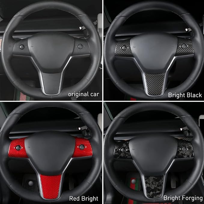 JSWAN Carbon Fiber Steering Wheel Panel Cover for Tesla Model 3 (2017 to 2023) Model Y (2020 to 2024) Steering Wheel Button Frame Wrap Accessories (Matte Black Panel Cover)