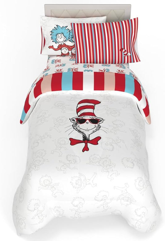 Dr. Seuss Cat in The Hat Kids Bedding, 5 Piece Twin Bed Set, Soft Cozy Reversible Comforter and Sheet Set with Sham, Officially Licensed Product by Franco