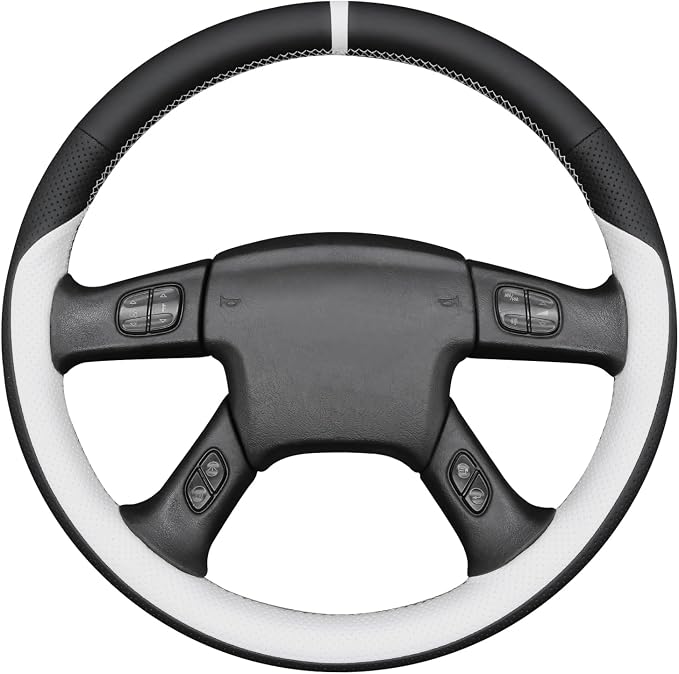 MEWANT Hand Stitch Steering Wheel Cover for Chevy Silverado 1500 2003-2006 Black White Faux Leather Steering Wheel Wrap