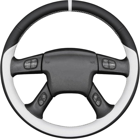 MEWANT Hand Stitch Steering Wheel Cover for Chevy Silverado 1500 2003-2006 Black White Faux Leather Steering Wheel Wrap