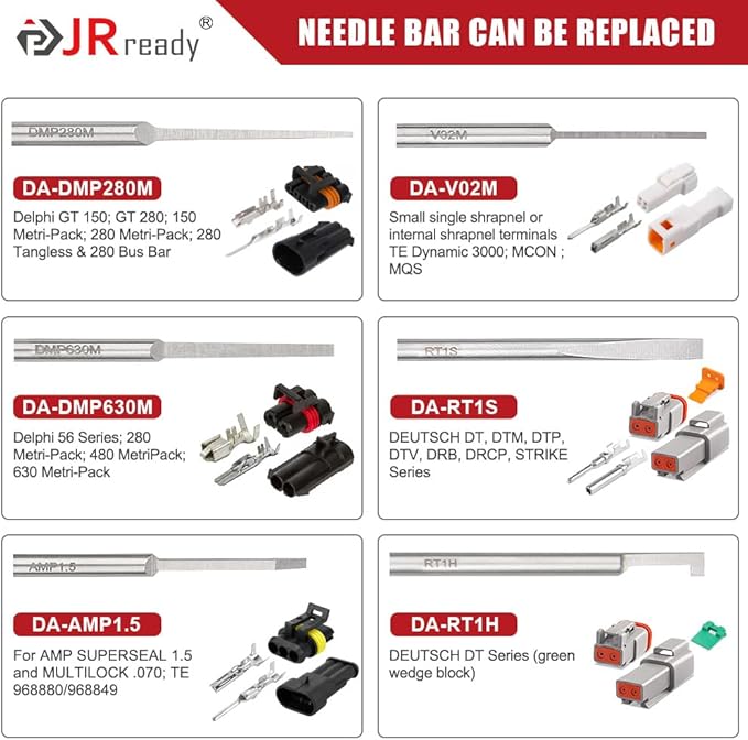 JRready ST5258 Electrical Pin Extractor Tool Kit with 6PCS Replacement Tips for AMP/Metri Pack/TE/JST/Deutsch Connectors, Pin Removal Tool Perfect for Car Repair Electrical Harness terminals