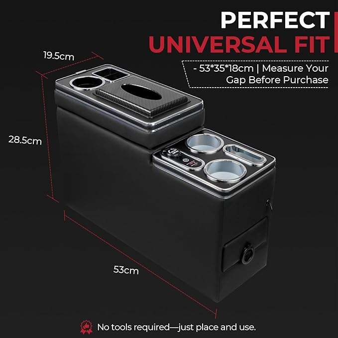 Center Console Between Seat Organizer for Minivans & SUVs - Tissue Box, Type-C & USB Fast Charge, 7-Color Ambient Light, Cup Holders, Middle Van Floor Console Storage Box (Black)