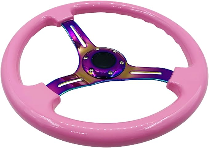 Classic Pink Racing Steering Wheel Neo Chrome Spoke 350mm 13.5" Deep Dish ABS Hard Wood Steering Wheel with Horn Button