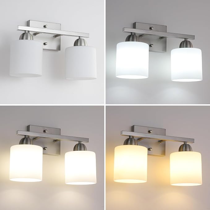 Mecgirn Stainless Steel Milk Glass Vanity Lights for Bathroom, 2 Light Brushed Nickel Bathroom Light Fixtures Over Mirror, Ceramic E26 Sockets Wall Mounted